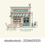 Paris France street cafe vector art, French street coffee shop with table chair, vintage coffee shop vector illustration for t shirt, sticker, poster, graphic print