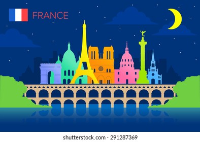 Paris, France Travel Landmarks. Vector and Illustration
