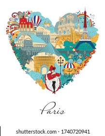 Paris, France, vector illustration, postcard. Traveling to Paris is a modern graphic design element with French landmarks.