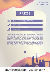 Paris, France vector infographics, brochure layout. Guide, leaflet, flyer, advertising graphic template with text, information, city skyline shape. Page, festival, cover mock up image