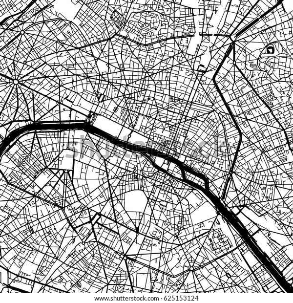 パリのフランスのベクター画像地図モノクロアートプリント インフォグラフィック背景のアウトラインバージョン 黒い通りと水路 のベクター画像素材 ロイヤリティフリー