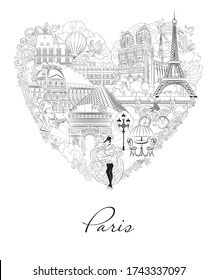 Paris, France. Vector relax coloring book. Travel to Paris. Modern graphic design element with french landmarks.