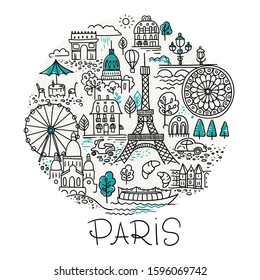 Paris France vector sketch logo. Circle composition with landscape elements: houses, domes, bridges. tour Eiffel. Lines illustration for posters and souvenirs.