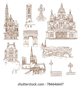 Paris, France. Vector sketch old town. Hand drawn public and religious buildings, urban elements.