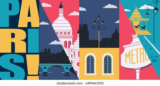 Paris, France vector skyline illustration, postcard. Travel to Paris modern flat graphic design element with French landmarks - carousel, cathedral, city views 