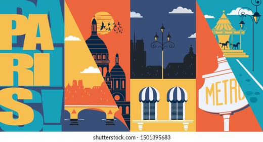 Paris, France vector skyline illustration, postcard. Travel to France modern flat graphic design banner with Parisian ancient landmarks - Sacre Coeur, Notre Dame, metro sign 