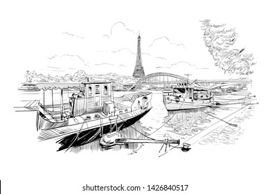 Paris, France. View from the embankment of the river Seine to the Débilly bridge and the Eiffel Tower.  Urban sketch. Hand drawn vector illustration