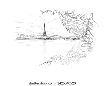 Paris, France. View from the embankment of the river Seine to the Débilly bridge and the Eiffel Tower.  Urban sketch. Hand drawn vector illustration