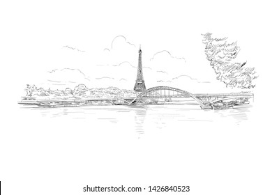 Paris, Frankreich. Aussicht vom Seine-Ufer zur Débilly-Brücke und zum Eiffelturm.  Stadtskizze. handgezeichnete Vektorgrafik