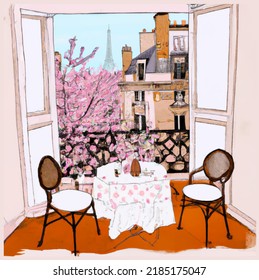 Paris, France window opened on the Eiffel tower in springtime - vector illustration (Ideal for printing, poster or wallpaper, house decoration) 
