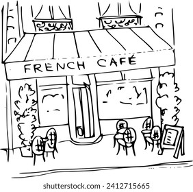 Paris  French café famous symbols ink sketch vector. Image produced without the use of any form of AI. software at any stage.