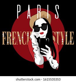 Paris. French style. Vector hand drawn illustration of girl with smartphone isolated. Template for card, poster, banner, print for t-shirt, pin, badge, patch.