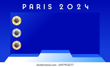 Juego de París, los ganadores del podio de fondo Horizontal. Medallas de oro, plata, bronce y podio de ganadores para transmisión de televisión o transmisión en línea. Ilustración vectorial