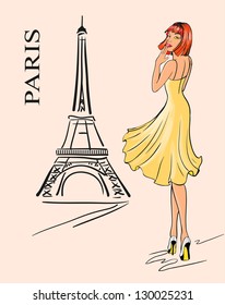 Paris. Girl and Eiffel tower