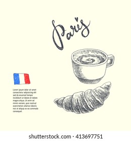 Paris. graphic illustration of a french food. coffee and croissant