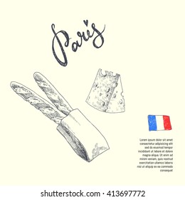 Paris. graphic illustration of a french food. baguette and cheese