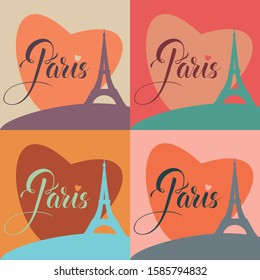 Paris greeting text on square background flat vector illustration various colors 