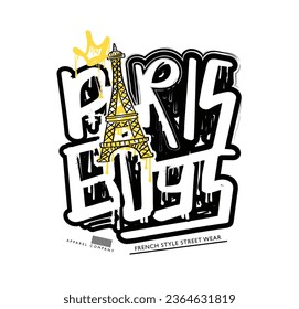 Graffiti verde de París estilo urbano desgaste tipografía y Torre Eiffel. Diseño de ilustraciones vectoriales para tee de slogan, camiseta, estampado de moda, gráfico de moda, afiche, sudadera.