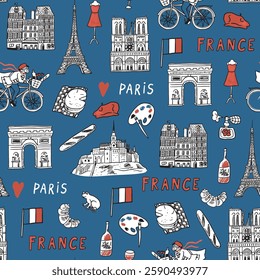 Paris Hand drawn doodle seamless pattern with famous buildings, monuments and landmarks.