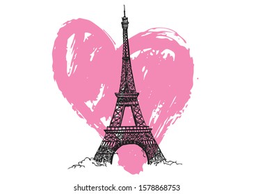 Paris. Hand drawn Eiffel Tower. Heart grunge. 