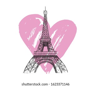 Paris. Hand drawn Eiffel Tower. Heart grunge.