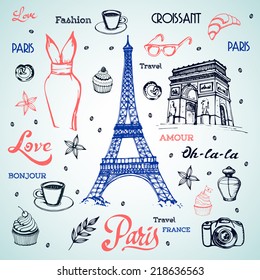 Paris hand drawn illustration with Eiffel tower and other vector symbols. The french word "bonjour" means "good morning", the french word "amour" means "love". 