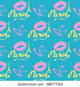 Paris hand drawn letters and Eiffer Tower silhouette isolated on blue background. Seamless pattern for romantic wrapping paper or textile print. Paris seamless fabric pattern.