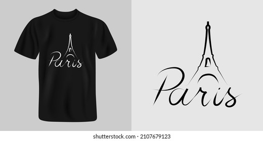 Texto dibujado a mano en París con la torre Eiffel.Plantilla vectorial para el diseño de camisetas.
