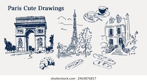 Paris Hand Drawn Vector Illustration of Architecture and Local Coffee Shops Baguettes and a Croissant Cute Boho 