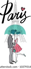 Paris hand drawn vector lettering and Eiffer Tower. Couple under umbrella wants to kiss.