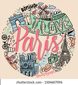 Paris hand drawn vector lettering and attractions. Modern calligraphy brush lettering. Design element for cards, banners, flyers, Paris lettering isolated on white background.