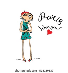 Paris hand drawn vector lettering and pretty girl with souvenirs. Paris ink lettering. Design element for cards, banners, flyers, Paris lettering isolated on white background.