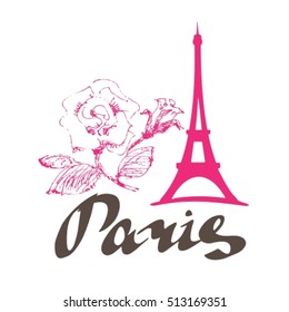 Paris hand drawn vector lettering and Eiffer Tower. Modern calligraphy brush lettering. Paris ink lettering. Design element for cards, banners, flyers, Paris lettering isolated on white background.