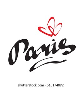 Paris hand drawn vector lettering  with heart. Modern calligraphy brush lettering. Paris ink lettering. Design element for cards, banners, flyers, Paris lettering isolated on white background.