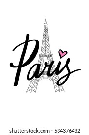 Paris hand drawn vector lettering and Eiffer Tower.