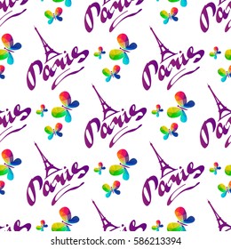 Paris hand drawn vector lettering and Eiffer Tower silhouette isolated on white background. Seamless pattern for romantic wrapping paper or textile print.