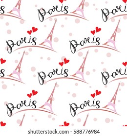 Paris hand drawn vector lettering and Eiffer Tower silhouette isolated on white background. Seamless pattern for romantic wrapping paper or textile print. Paris seamless fabric pattern.