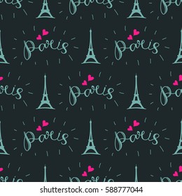 Paris hand drawn vector lettering and Eiffer Tower silhouette isolated on black background. Seamless pattern for romantic wrapping paper or textile print. Paris seamless fabric pattern.