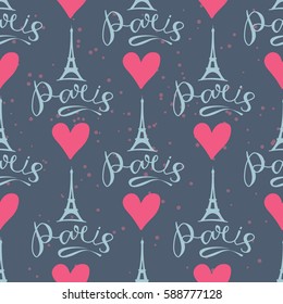 Paris hand drawn vector lettering and Eiffer Tower silhouette isolated on blue background. Seamless pattern for romantic wrapping paper or textile print. Paris seamless fabric pattern.