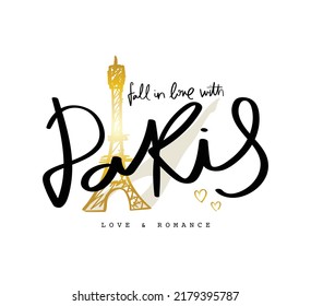 Paris hand lettering slogan text and Eiffel Tower drawing. Vector illustration design for fashion graphics, t shirt prints.