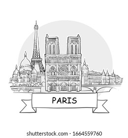 Paris Hand-Drawn Urban Vector Sign. Black Line Art Illustration with Ribbon and Title.