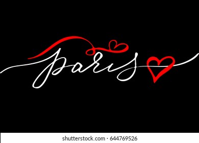 Paris handwriting lettering french handwritten text an hand drawn decoration on black background, vector. 