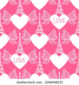 Paris Heart with fantasy wings. Seamless pattern. Illustration white ink Eiffel Tower. Vector decorations isolated on pink background. Handwritten inscription LOVE!