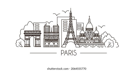 Paris holiday travel line drawing. Paris city flat illustration. Modern lineart Paris illustration. Hand sketched poster, banner, postcard, card template for travel company, T-shirt, shirt. Vector EPS