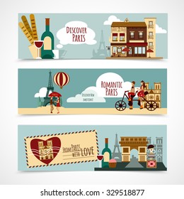 Paris horizontal banner set with touristic elements isolated vector illustration