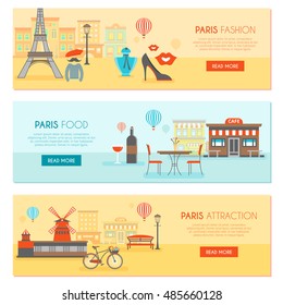 Paris horizontal banners set with fashion traditional food and tourist attractions isolated vector illustration