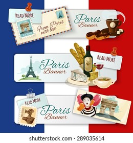 Paris horizontal banners set with touristic elements and postcards on flag background isolated vector illustration