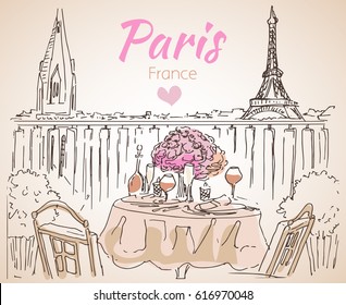 Paisaje urbano horizontal de París. Esbozo. Aislado sobre fondo blanco