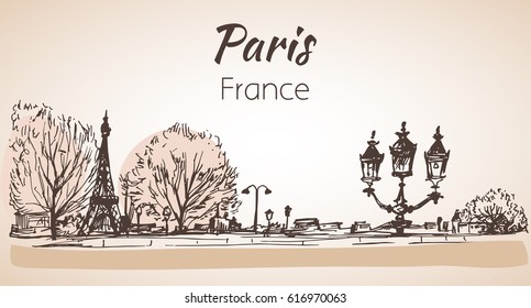 Paris horizontal cityscape. Sketch. Isolated on white background