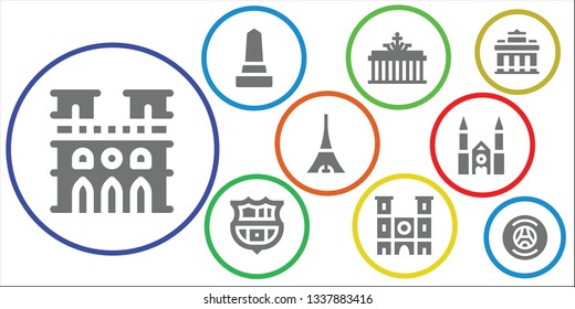 paris icon set. 9 filled paris icons.  Simple modern icons about  - Notre dame, Monument, Brandenburg gate, Barcelona, Tokyo, Chartres cathedral, Paris saint germain